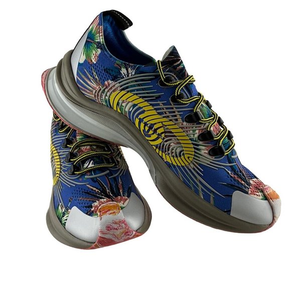 Gucci Men's Run Floral Sneakers Interlocking G Orange Monogram Blue Multi Sz 8 - Picture 3 of 12